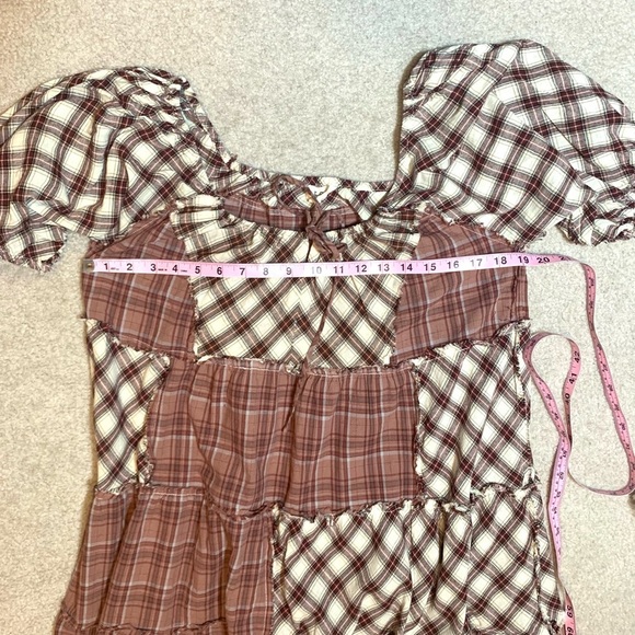 POL Boho Plaid Tiered Patchwork Tunic Peasant Puff Sleeves Women Small NWOT - Picture 4 of 5